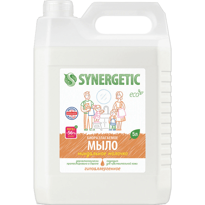 Жидкое мыло 5 л "SYNERGETIC" для мытья рук и тела, биоразлагаемое, Миндальное молочко
