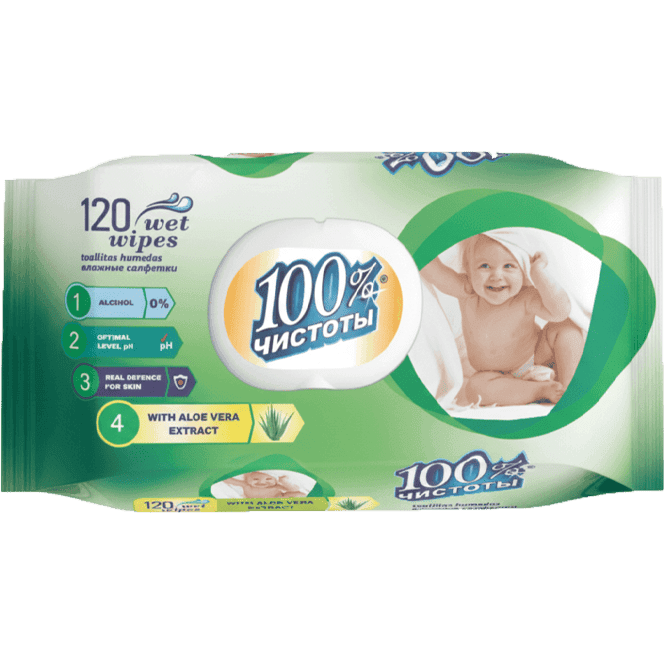Салфетка влажная 120 шт 100% чистоты с клапаном (120 салф.пач), Алоэ Вера 