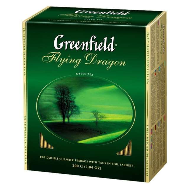 Чай "Greenfield", 100 пакетиков, листовой 200г, FLYING DRAGON/Зеленый