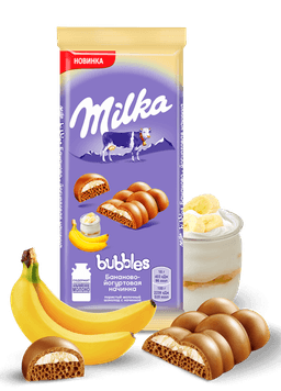 Шоколад "Milka" Bubble пористый 92 г, Банан-Йогурт Шоколад "Milka" Bubble пористый 92 г, Банан-Йогурт