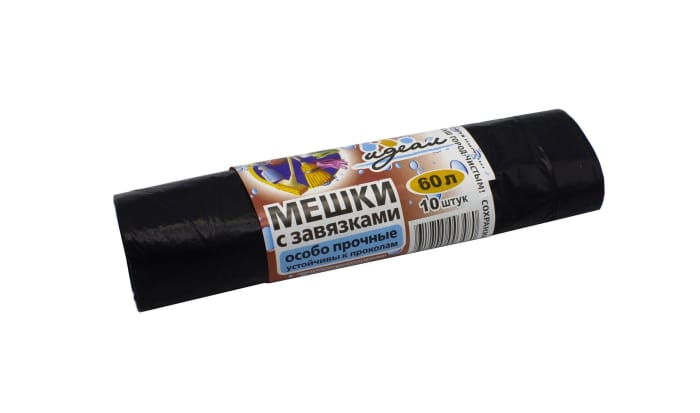 Мешки мусорные 60л/21мкм/60*70 см "Идеал" ЧЕРНЫЕ с завязками, в рулоне (10 шт.рул) Мешки мусорные 60л/21мкм/60*70 см "Идеал" ЧЕРНЫЕ с завязками, в рулоне (10 шт.рул)