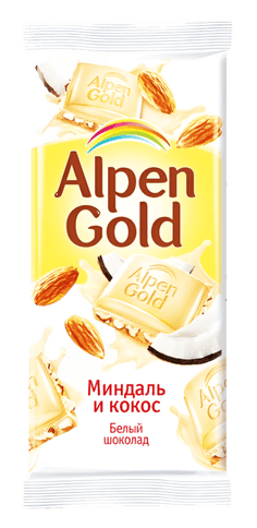 Шоколад "Alpen Gold" 80 г, белый кокос и миндаль Шоколад "Alpen Gold" 80 г, белый кокос и миндаль