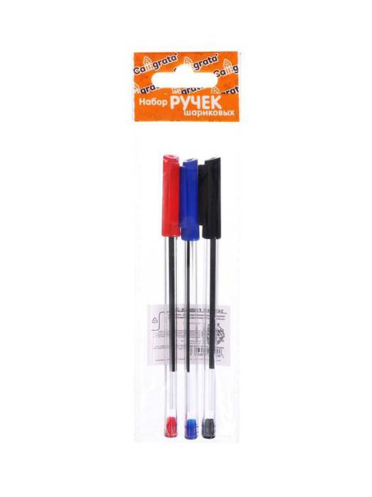 Набор ручек шариковых 3 цвета, стержень 1,0мм, синий, красный, чёрный, корпус прозрачный