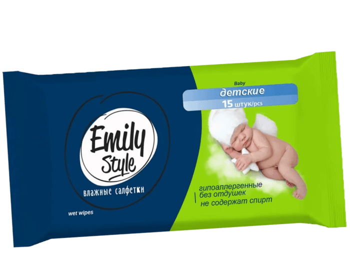 Салфетка влажная 15 шт. "Emily Style" детские, Гипоаллергенные, без отдушек Салфетка влажная 15 шт. "Emily Style" детские, Гипоаллергенные, без отдушек