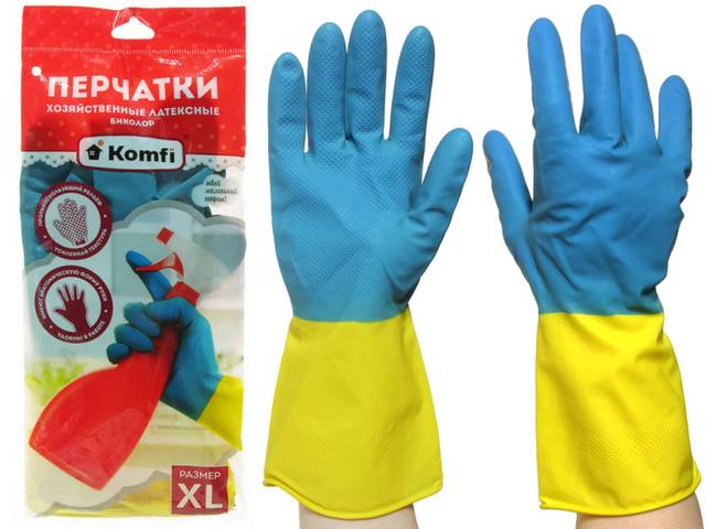 Перчатки латексные хозяйственные Биколор синий+желтый 47г Komfi, XL (bicolo4)