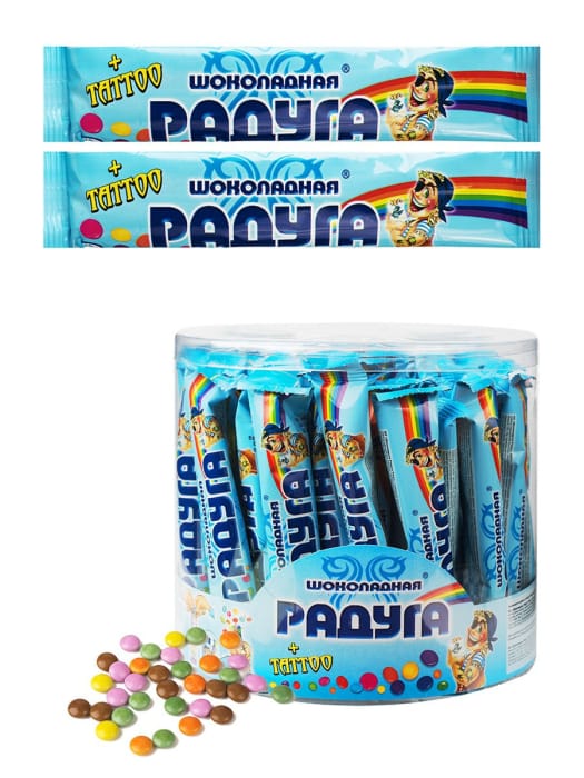 Драже шоколадное "Радуга" 12г + тату (50 шт.упак) Драже шоколадное "Радуга" 12г + тату (50 шт.упак)