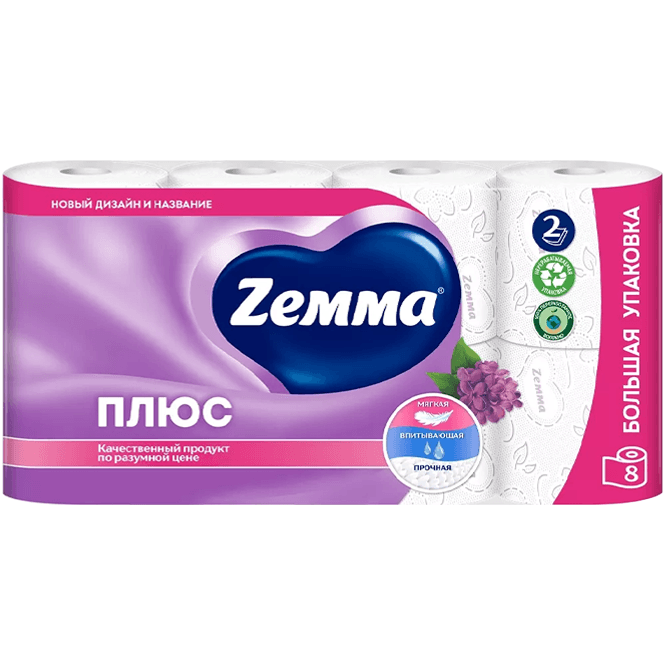 Туалетная бумага 2-х/двухслойная "Zemma" Плюс с запахом (8 рул.упак), Сирень Туалетная бумага 2-х/двухслойная "Zemma" Плюс с запахом (8 рул.упак), Сирень