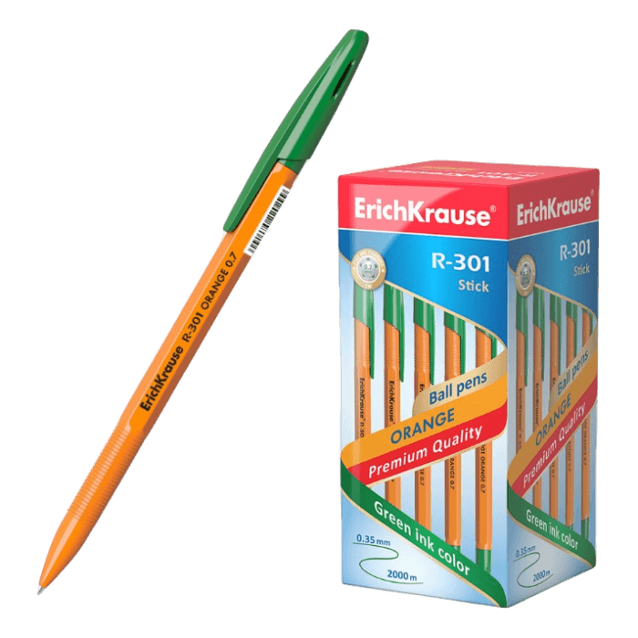 Ручка шариковая 0,7 мм ЗЕЛЕНАЯ, ErichKrause R-301 Orange Stick