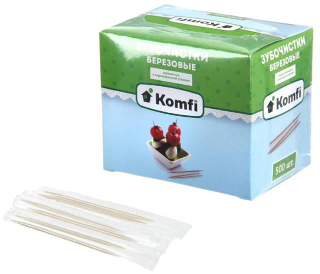 Зубочистки березовые в индивидуальной упак. KOMFI (500 шт.упак)