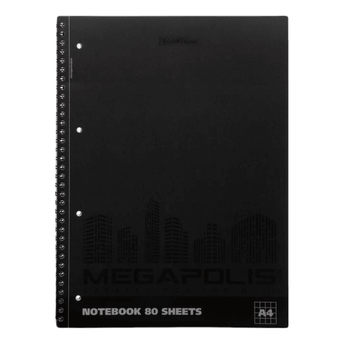 Тетрадь А4, 80 листов в клетку "MEGAPOLIS" на гребне, чёрная пластиковая обложка 49810 Тетрадь А4, 80 листов в клетку "MEGAPOLIS" на гребне, чёрная пластиковая обложка 49810