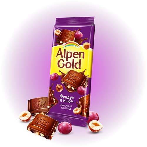 Шоколад "Alpen Gold" 85г, фундук и изюм