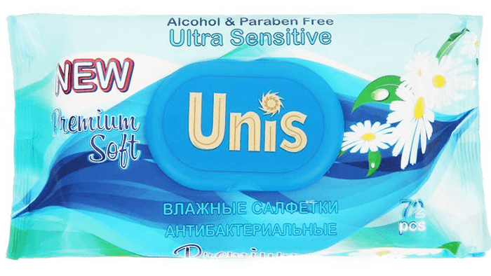 Салфетка влажная 72 шт. "Unis" с клапаном, для всей семьи с экстрактом ромашки (72 салф.пач) Салфетка влажная 72 шт. "Unis" с клапаном, для всей семьи с экстрактом ромашки (72 салф.пач)