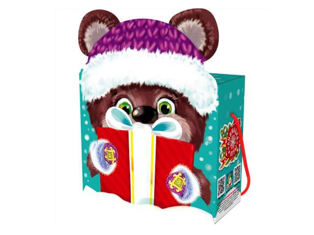 Коробка для конфет 0,6 кг с подарком "Мишутка", анимация/игра, веревочная ручка