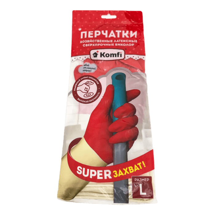 Перчатки латексные хозяйственные KOMFI Биколор Сверхпрочные красный+белый, L Перчатки латексные хозяйственные KOMFI Биколор Сверхпрочные красный+белый, L