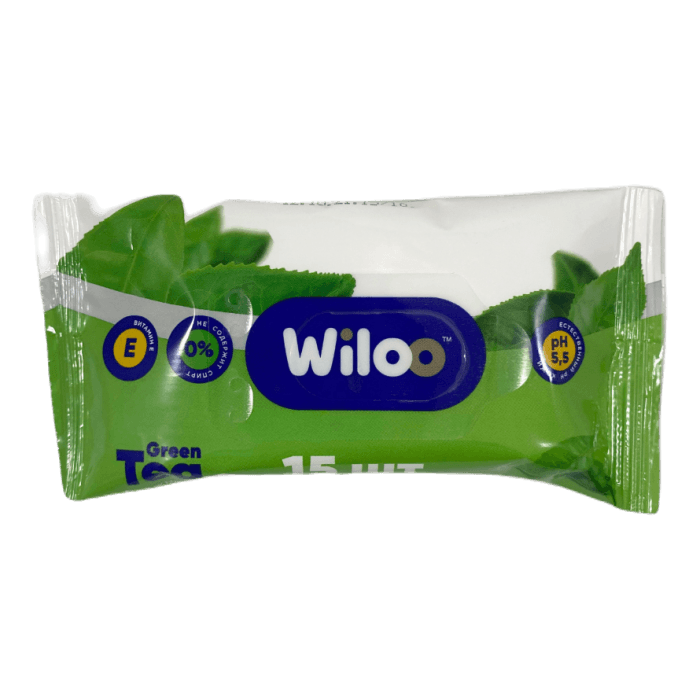 Салфетка влажная 15 шт. "WILOO" Универсальные (15 салф.шт), Зеленый чай Салфетка влажная 15 шт. "WILOO" Универсальные (15 салф.шт), Зеленый чай