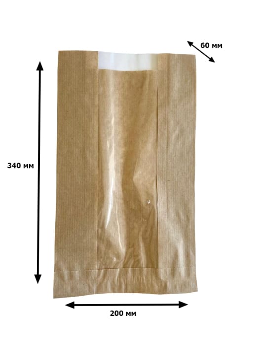Пакет бумажный 340*200*60*100 КРАФТ, с окном, V-дно Пакет бумажный 340*200*60*100 КРАФТ, с окном, V-дно