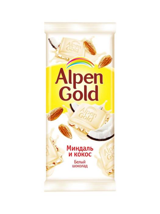 Шоколад "Alpen Gold" 85г, белый кокос и миндаль