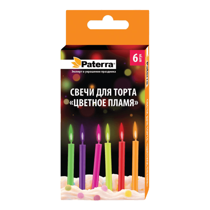 Свечи для торта ЦВЕТНОЕ ПЛАМЯ (6 шт.упак) PATERRA