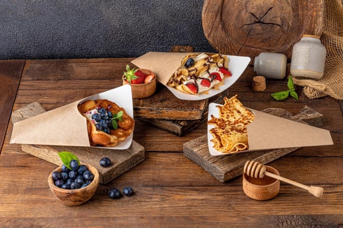 Упаковка бумажная для сладкого стрит-фуда блины/вафли 210*160*50 мм OSQ Crepe Cone КРАФТ Упаковка бумажная для сладкого стрит-фуда блины/вафли 210*160*50 мм OSQ Crepe Cone КРАФТ