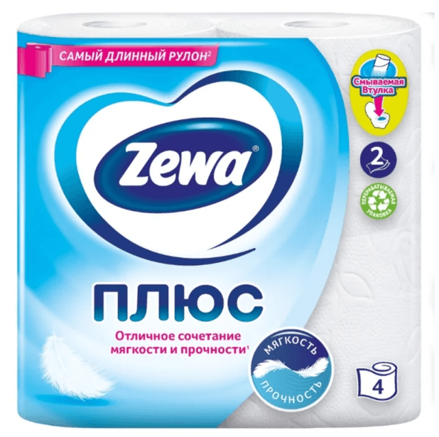 Туалетная бумага 2-х/двухслойная "Zewa" белая (4 рул.упак)