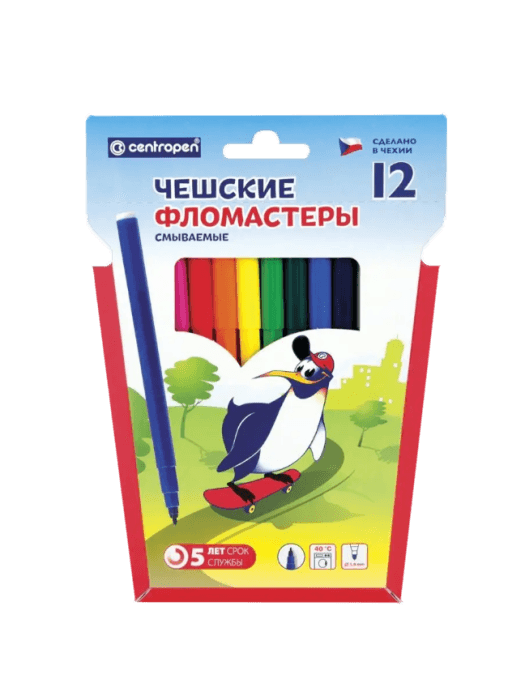 Фломастеры 12 цветов, Centropen Пингвины, пластиковый конверт Чехия