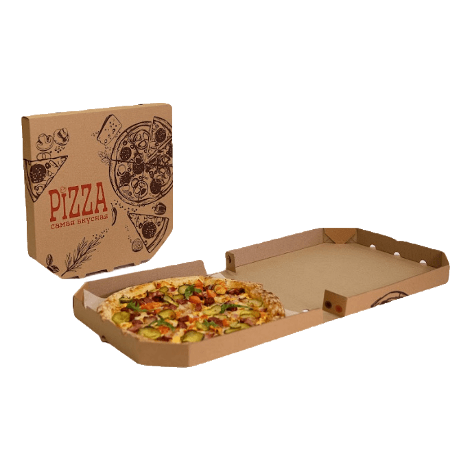 Коробка под пиццу 310*310*40 БУРАЯ, с надписью "Самая вкусная" со скошенными углами