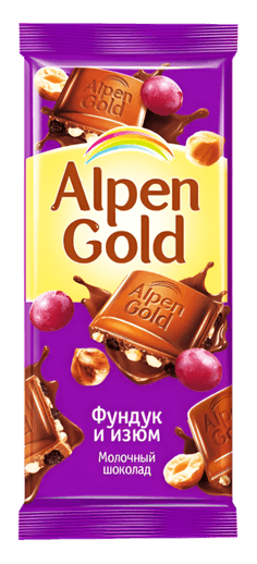 Шоколад "Alpen Gold" 85г, фундук и изюм Шоколад "Alpen Gold" 85г, фундук и изюм