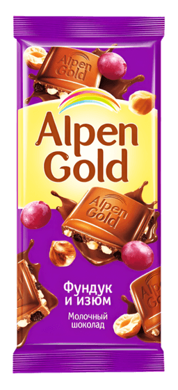 Шоколад "Alpen Gold" 85г, фундук и изюм Шоколад "Alpen Gold" 85г, фундук и изюм