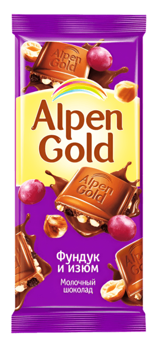 Шоколад "Alpen Gold" 85г, фундук и изюм Шоколад "Alpen Gold" 85г, фундук и изюм