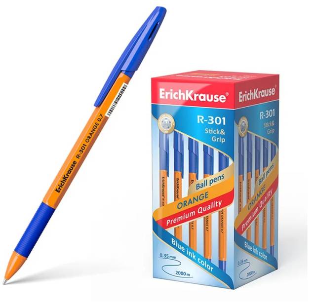 Ручка шариковая 0,7 мм КРАСНАЯ "Erich Krause" R-301 Orange Stick & Grip резин упор