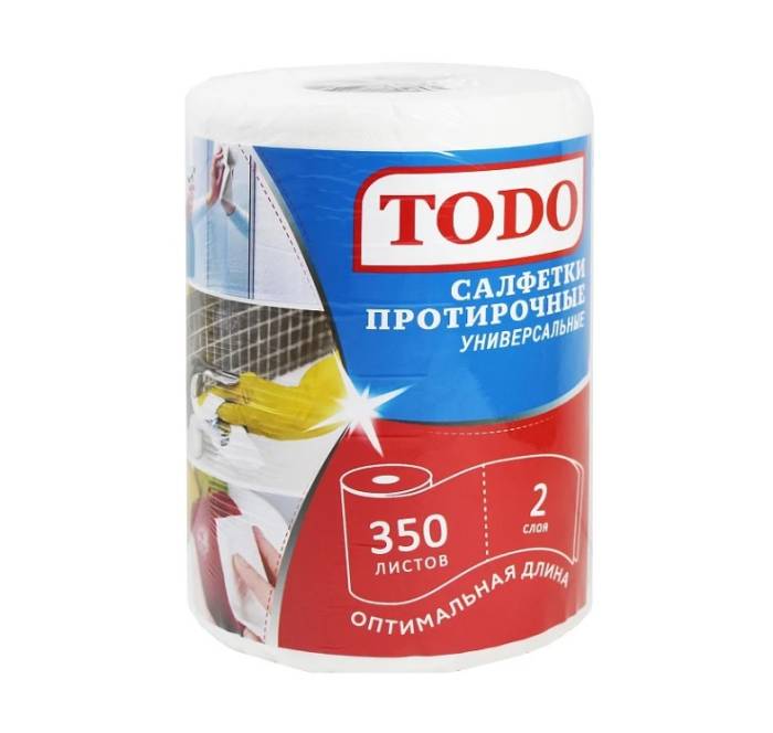 Протирочная салфетка "TODO" /полотенце бумажное 2-х/двухслойное для дома и кухни универсальное 70м (350 лист.рул)